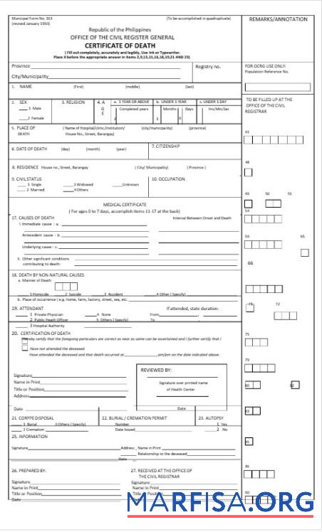 Printable Philippines Office of the civil register general death certificate sample